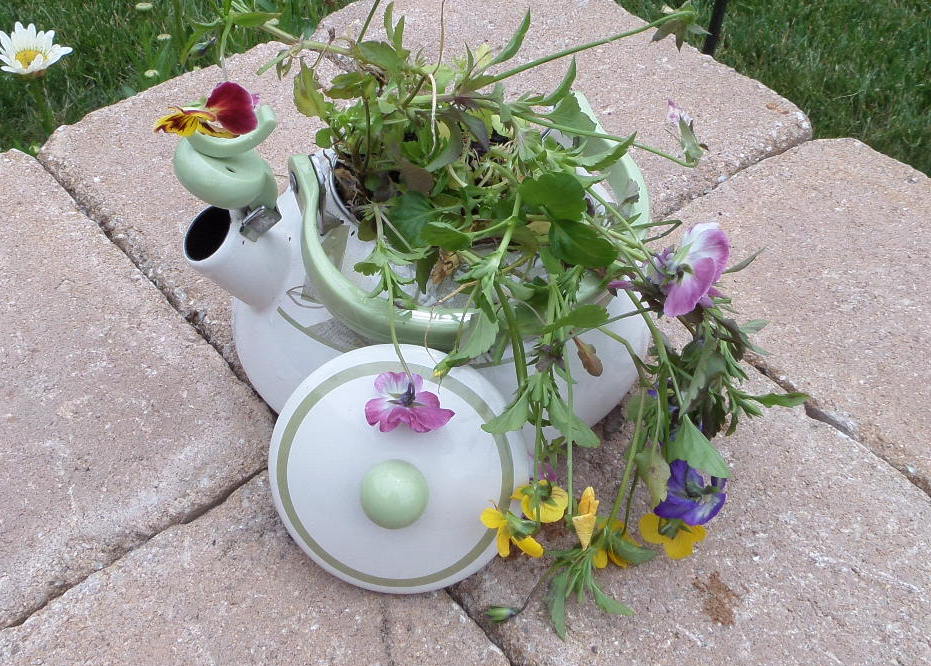 A ruined tea kettle turned into a garden planter. Lovely! #gardenideas #planterideas