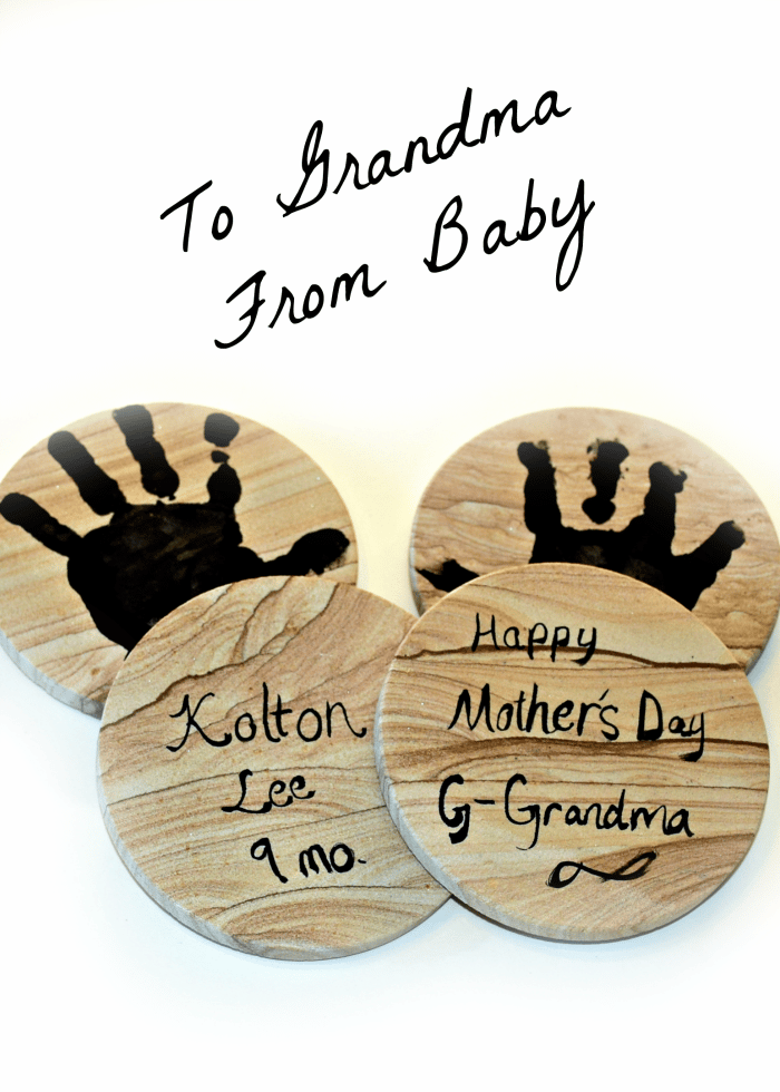 To Grandma from baby. DIY personalized handprint coasters to give grandma for mother's day. #BestMomsDayEver #ad