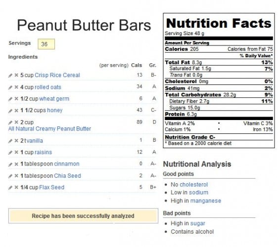 nutrition facts for the peanut butter bars