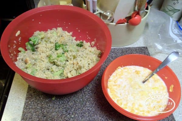 For this quinoa bake recipe mix both bowls of stuff together and stir well.