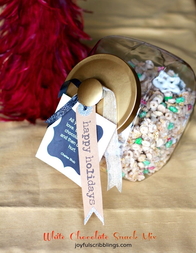 White chocolate snack mix and printable to give as last minute food gifts.