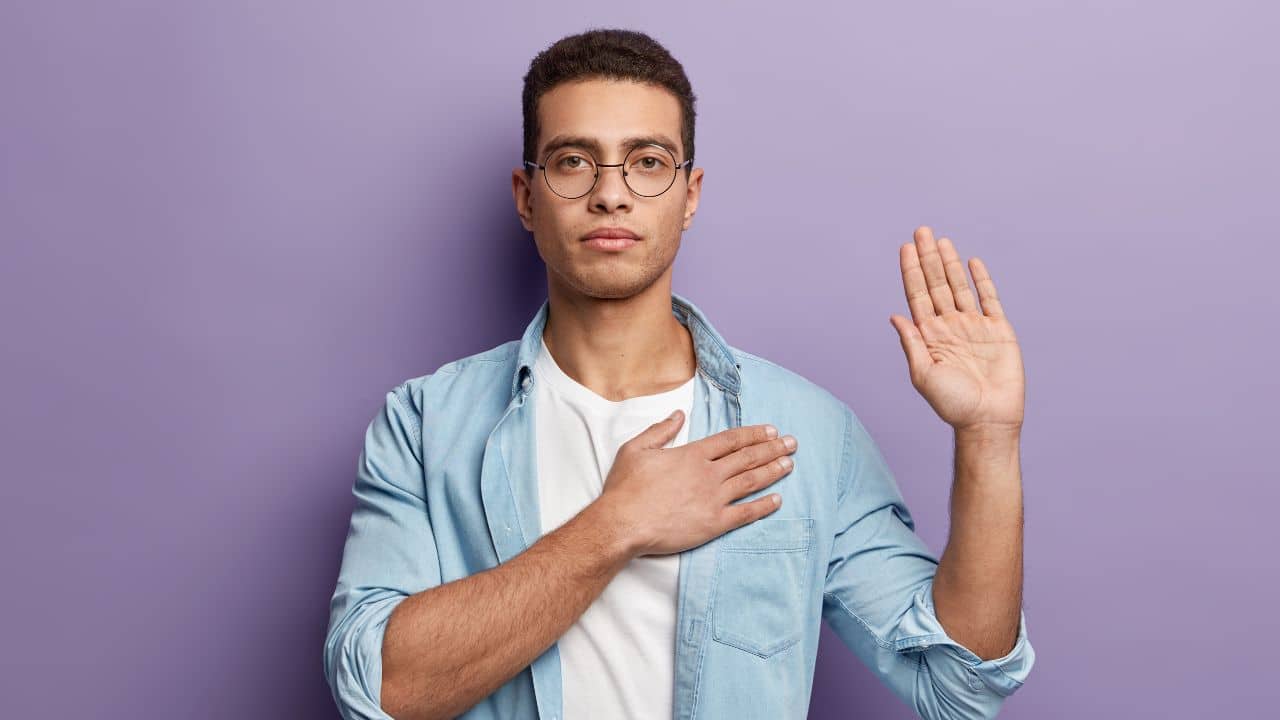 Honest serious hipster guy swears to do something. Referring to Themselves as Super Honest