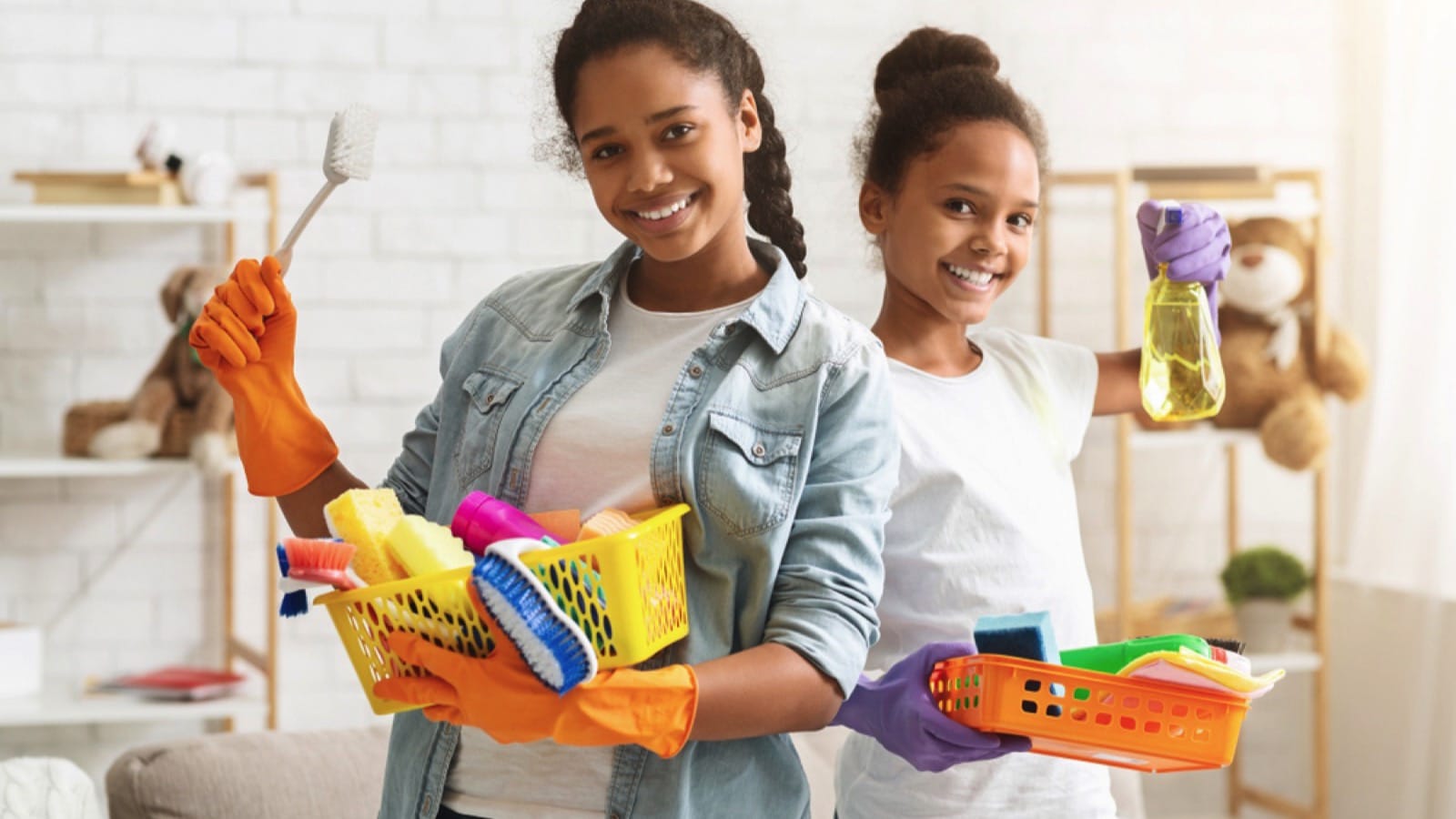 Friends cleaning home